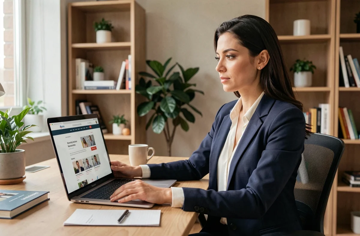 Femme professionnelle consultant un site web d'abonnement sur son ordinateur portable dans un bureau moderne