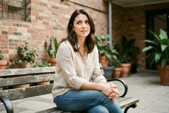 Femme détendue en tenue casual assise dans une cour urbaine, regard naturel non posé, idéale pour illustrer un guide photo pour débutant