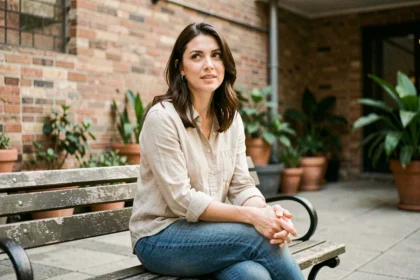 Femme détendue en tenue casual assise dans une cour urbaine, regard naturel non posé, idéale pour illustrer un guide photo pour débutant