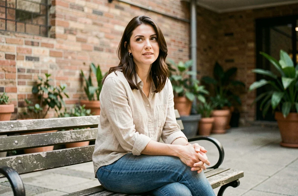 Femme détendue en tenue casual assise dans une cour urbaine, regard naturel non posé, idéale pour illustrer un guide photo pour débutant