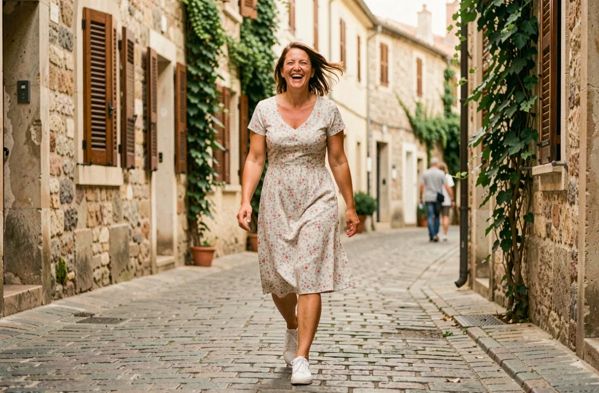Femme souriante marchant dans une rue pavée en robe fleurie, prise de vue naturelle et spontanée pour illustrer un shooting photo décontracté pour débutant