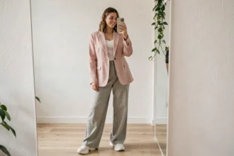 Jeune femme stylée en tenue tendance prenant un selfie miroir dans un appartement parisien minimaliste pour les réseaux sociaux