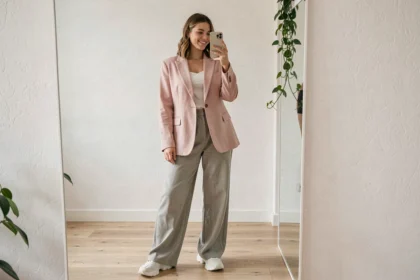 Jeune femme stylée en tenue tendance prenant un selfie miroir dans un appartement parisien minimaliste pour les réseaux sociaux