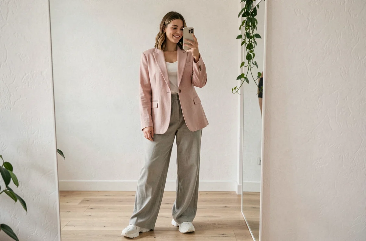 Jeune femme stylée en tenue tendance prenant un selfie miroir dans un appartement parisien minimaliste pour les réseaux sociaux