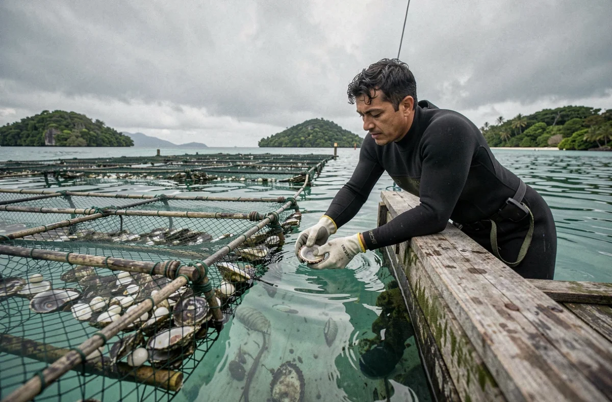 Ferme perlière en Polynésie française avec un ouvrier récoltant des huîtres sur un radeau en lagon turquoise