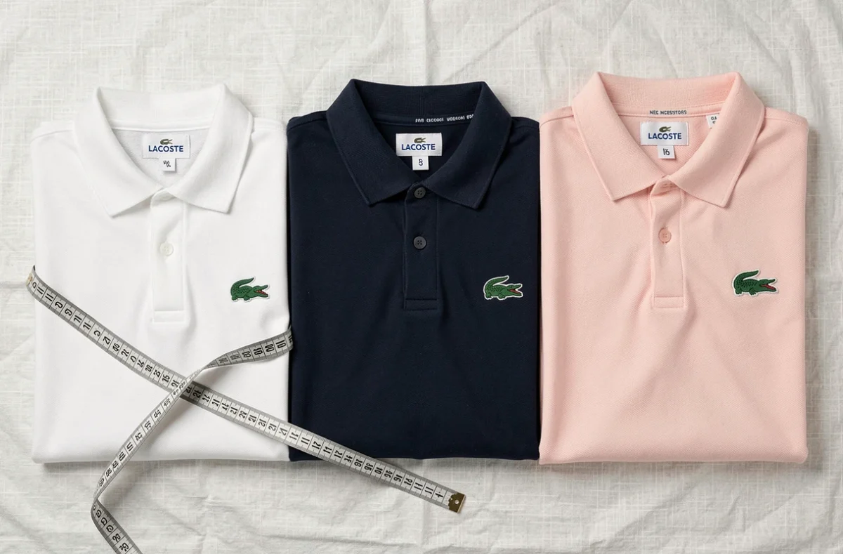 Flat lay comparatif de trois polos Lacoste en différentes tailles avec étiquettes visibles et mètre ruban, guide des tailles