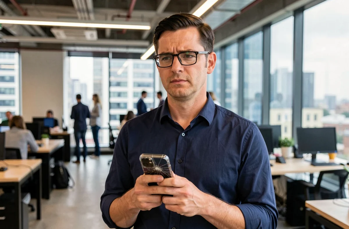 Homme tenant un smartphone dans un espace de coworking, symbolisant les risques de fuite d'informations personnelles sur les réseaux sociaux