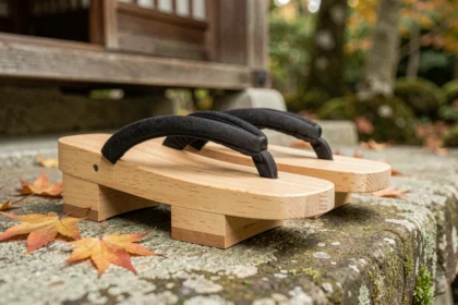 Paire de geta traditionnels japonais en bois de paulownia posés sur une marche en pierre d'un temple, vue en contre-plongée révélant les dents en bois et les lanières en coton sombre