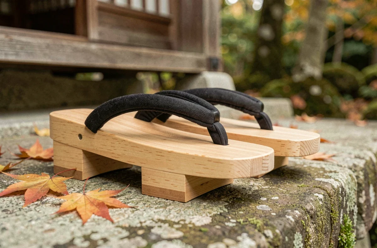 Paire de geta traditionnels japonais en bois de paulownia posés sur une marche en pierre d'un temple, vue en contre-plongée révélant les dents en bois et les lanières en coton sombre