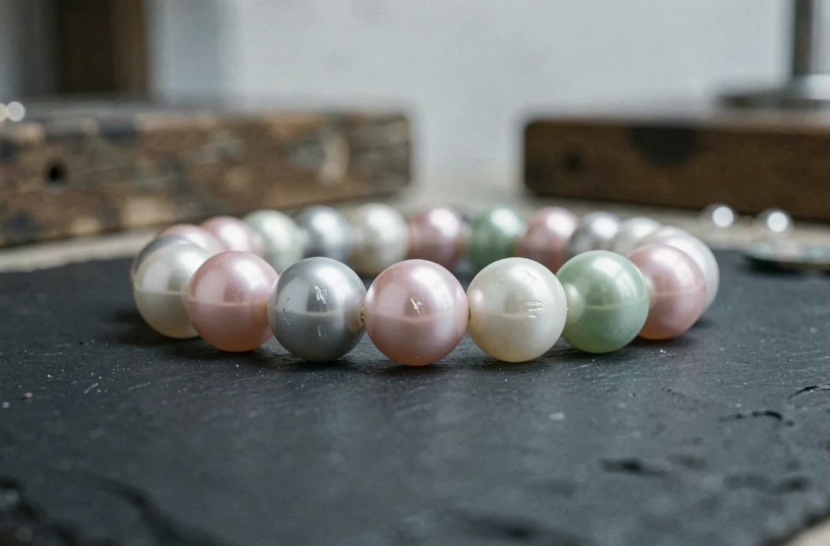 Gros plan sur un collier de perles de culture aux reflets variés posé sur ardoise, révélant les différences de nacre et de qualité