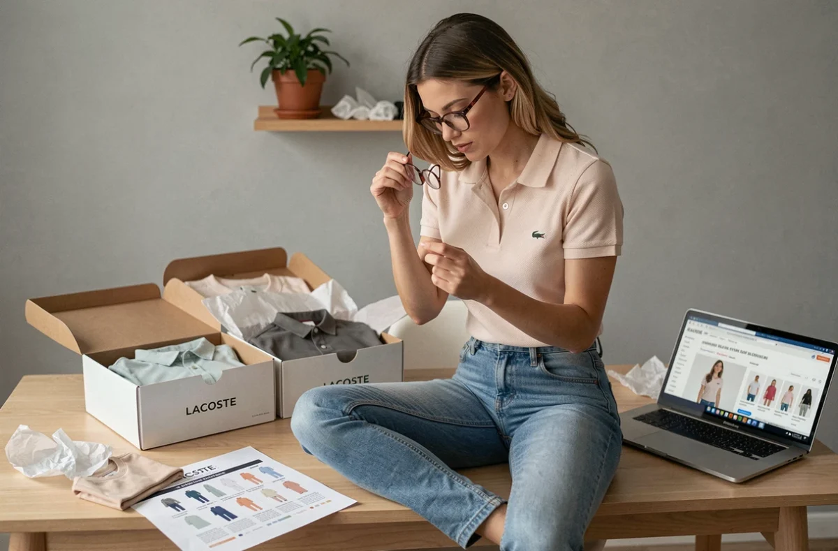Femme consultant un guide des tailles Lacoste à domicile, entourée de boîtes ouvertes et d'un tableau des tailles imprimé