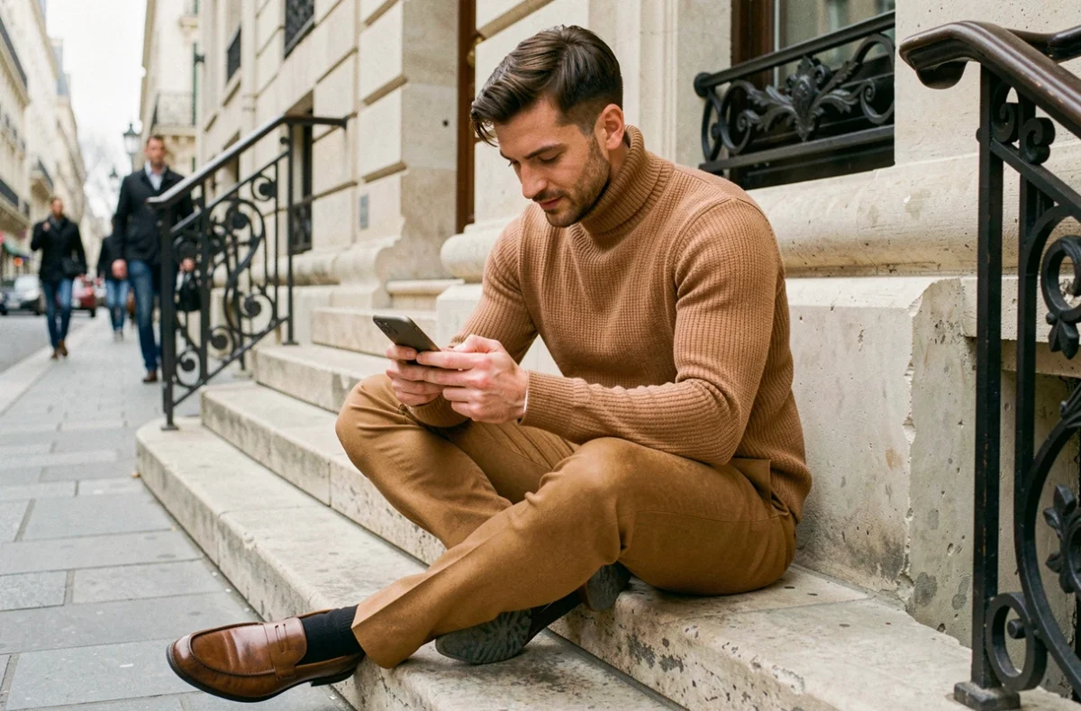 Homme élégant en look monochrome camel consultant son téléphone sur les marches d'un immeuble haussmannien à Paris