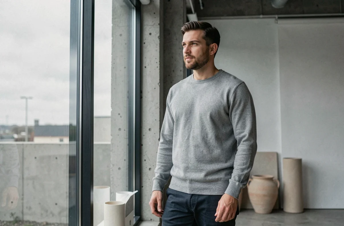 Homme en pull gris dans un studio minimaliste industriel, pose naturelle au bord d'une fenêtre, parfait pour un guide shooting photo débutant