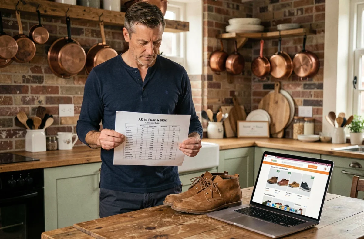 Homme consultant un tableau de correspondance des tailles chaussures UK France imprimé à la maison