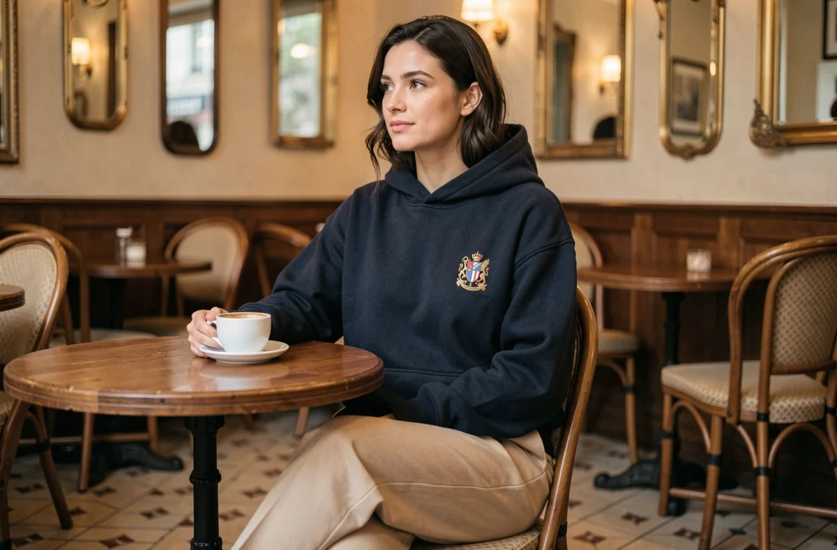 Femme en hoodie navy avec broderie historique française assise dans un bistrot parisien vintage