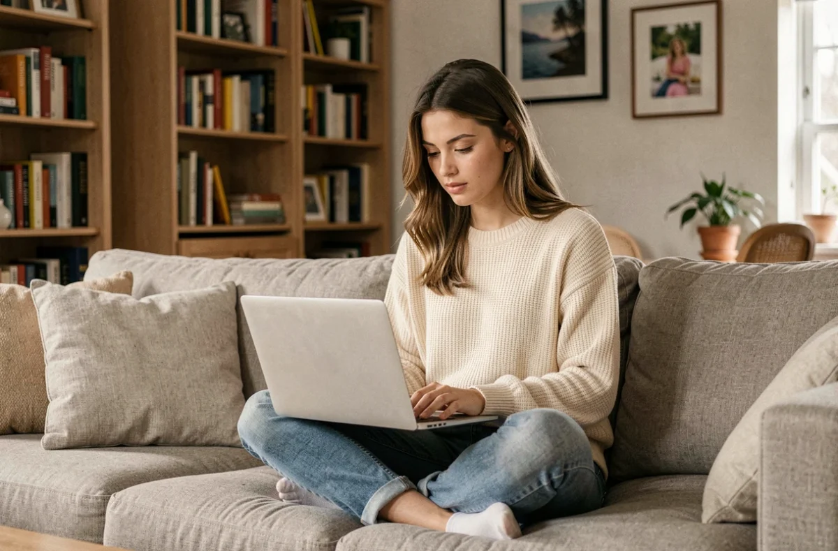Jeune femme naviguant sur une plateforme de contenu exclusif depuis son canapé dans un appartement moderne