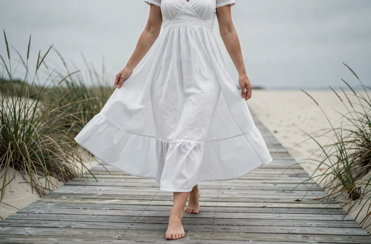 Femme en robe blanche broderie anglaise avec jupon en marchant sur un ponton de plage en bois