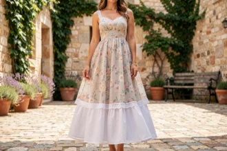 Femme portant un jupon blanc sous une robe d'été fleurie dans une cour ensoleillée en pierre