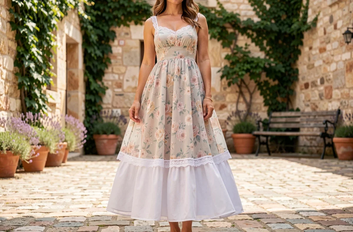 Femme portant un jupon blanc sous une robe d'été fleurie dans une cour ensoleillée en pierre
