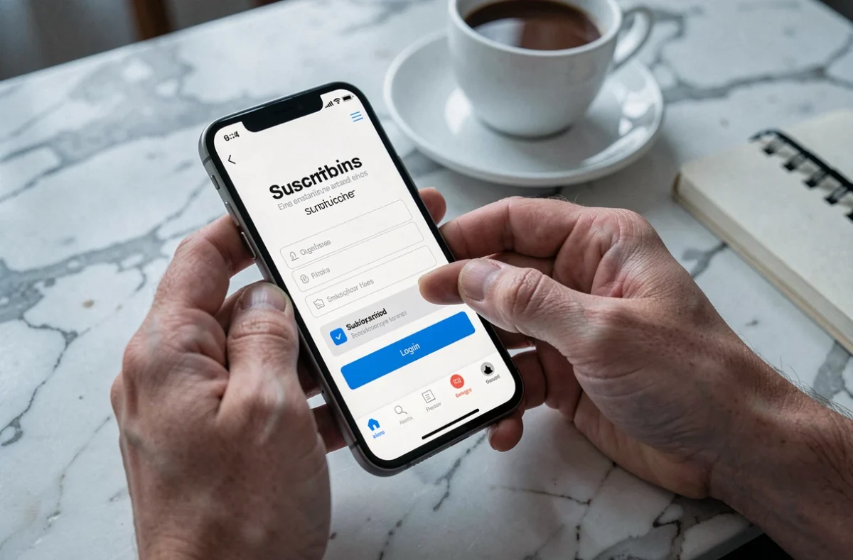 Mains tenant un smartphone affichant une interface de connexion sécurisée à un site d'abonnement exclusif