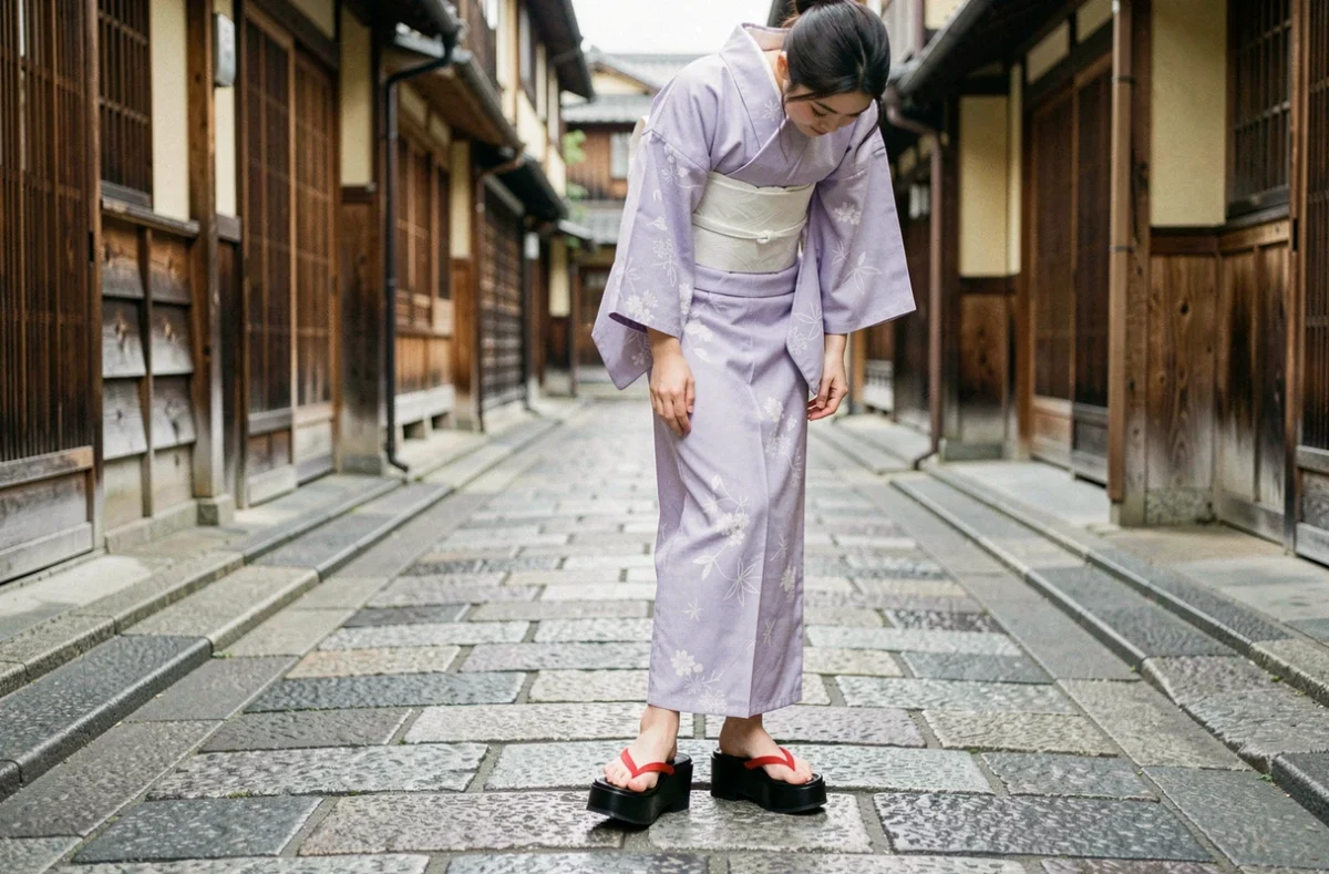 Jeune femme en yukata portant des sandales okobo laquées noires dans une ruelle pavée du quartier historique de Gion à Kyoto, illustrant le port authentique des chaussures traditionnelles japonaises