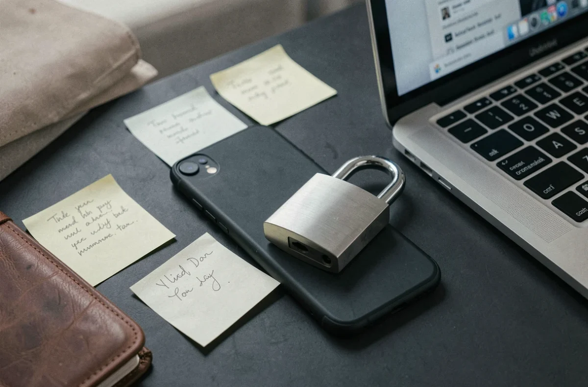 Nature morte éditoriale avec cadenas, smartphone et notes illustrant la protection de la vie privée et la sécurité des données numériques