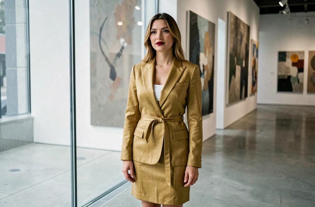 Femme en robe blazer dorée structurée avec rouge à lèvres bordeaux dans une galerie d'art contemporaine