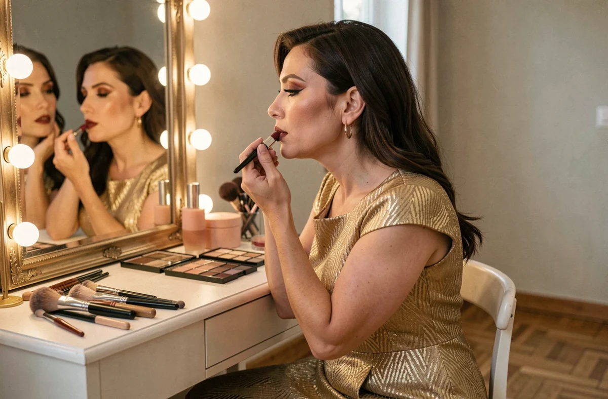 Femme en robe dorée brocart appliquant un rouge à lèvres prune devant une coiffeuse avec palettes de maquillage