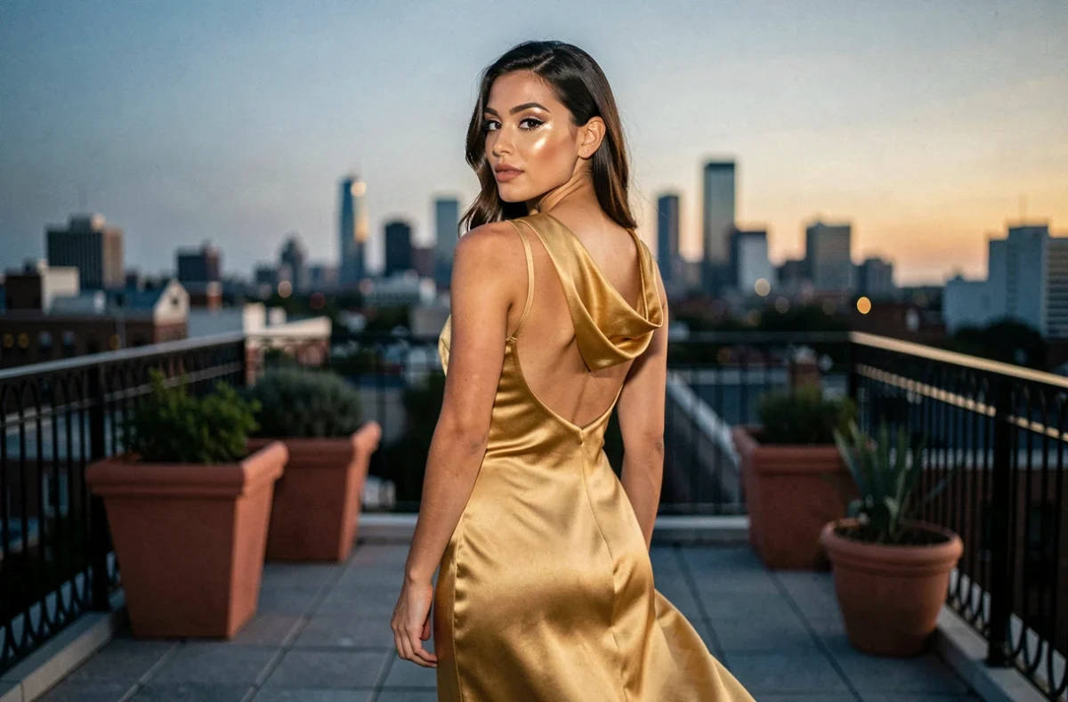 Femme en robe dorée dos nu sur rooftop urbain avec maquillage naturel et fond de skyline au crépuscule