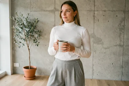 Femme portant un sarouel minimaliste gris pierre avec col roulé blanc dans un appartement scandinave épuré