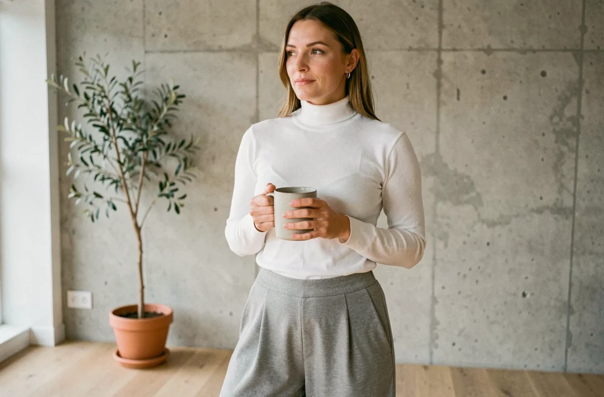 Femme portant un sarouel minimaliste gris pierre avec col roulé blanc dans un appartement scandinave épuré