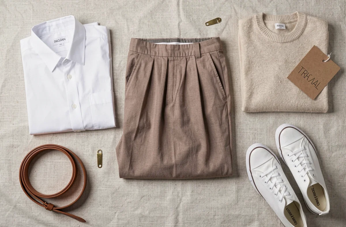 Flat lay minimaliste d'un sarouel taupe avec des pièces essentielles d'un dressing capsule sur lin blanchi