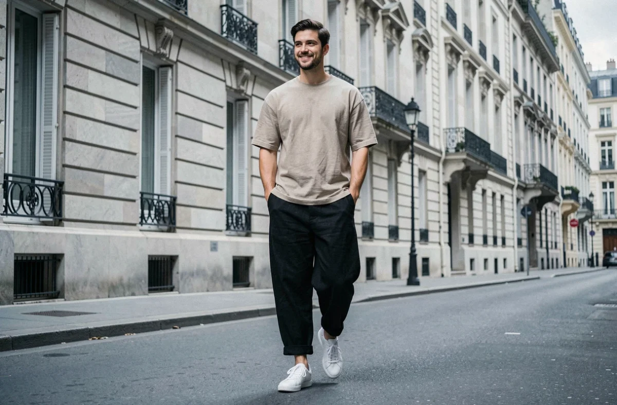 Homme en sarouel noir minimaliste en lin marchant dans une rue parisienne haussmannienne