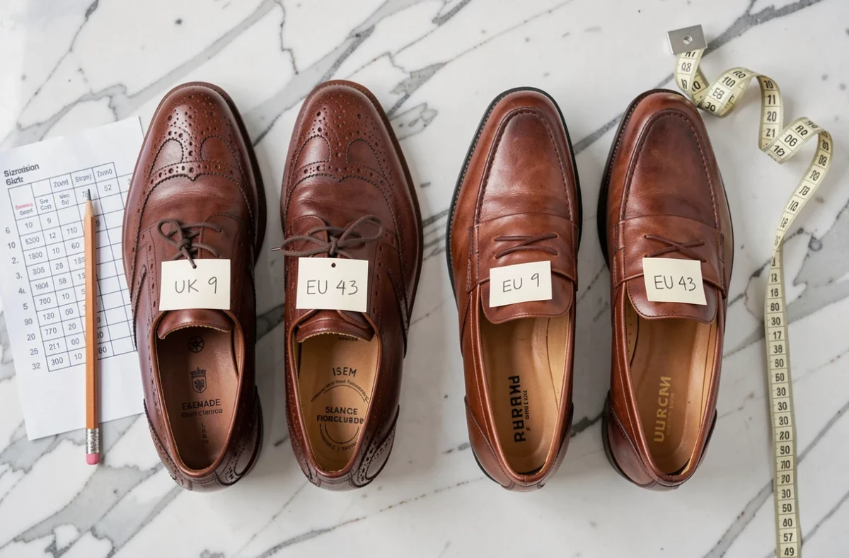 Comparaison de chaussures UK et européennes avec tableau de conversion des tailles imprimé sur marbre blanc