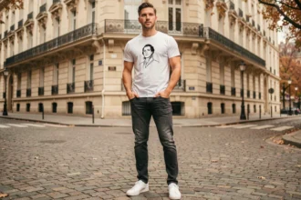 Homme portant un tee shirt graphique style vintage Charles de Gaulle dans une rue parisienne pavée en automne