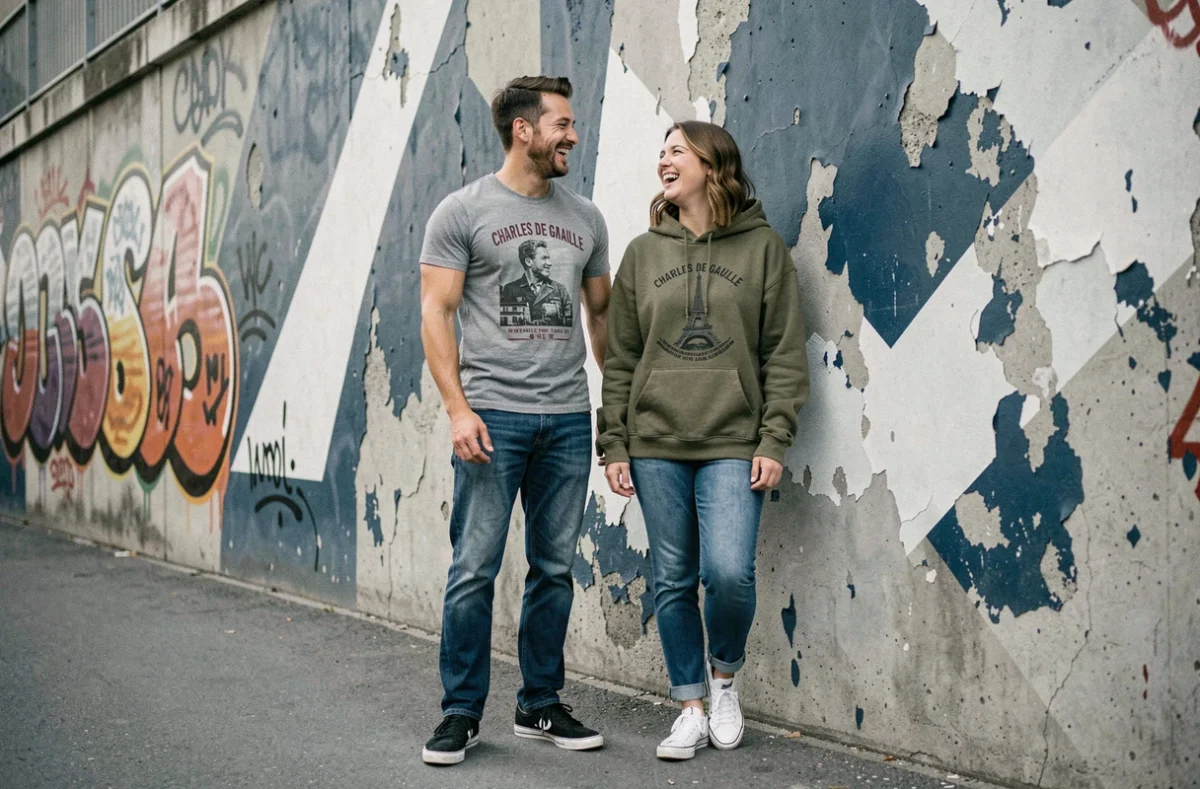 Deux amis portant un tee shirt Charles de Gaulle et un hoodie vintage face à un mur urbain texturé