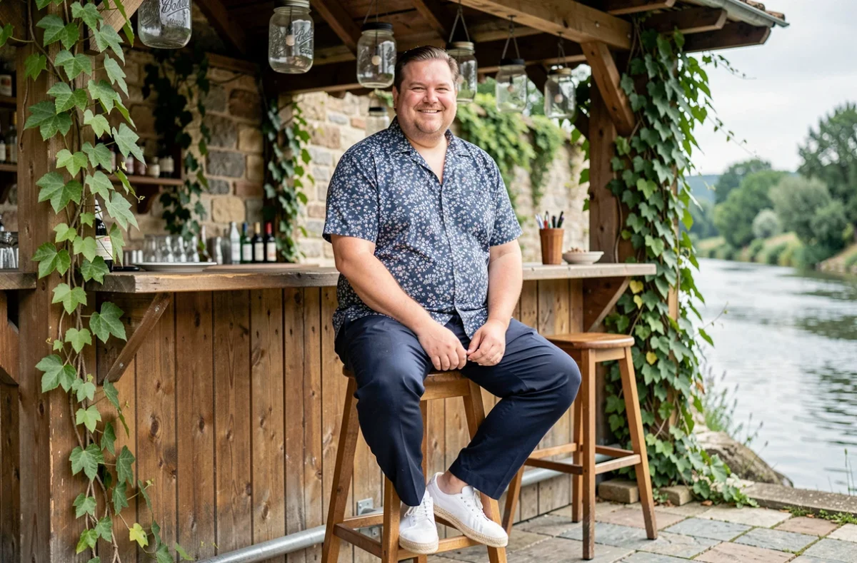Homme grande taille en chemise à col camp imprimé floral assis à un bar de guinguette en bord de rivière