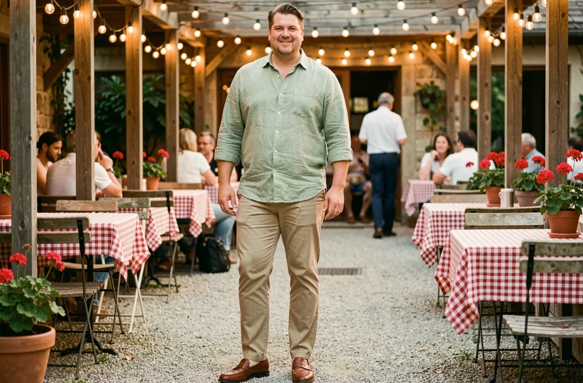 Homme grande taille en chemise lin verte et chino beige dans une guinguette estivale avec déco vintage et ambiance chaleureuse