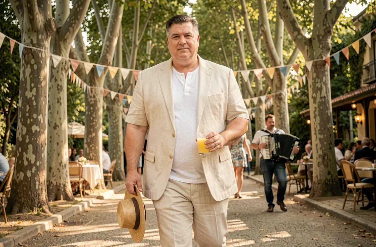 Homme grande taille en costume lin crème et chapeau de paille marchant dans une allée d'arbres lors d'une guinguette estivale française