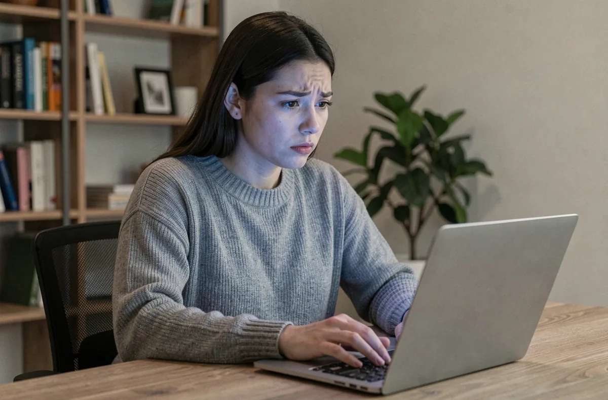 Jeune femme préoccupée devant un ordinateur portable, illustrant les enjeux de vie privée et de fuites de données en ligne