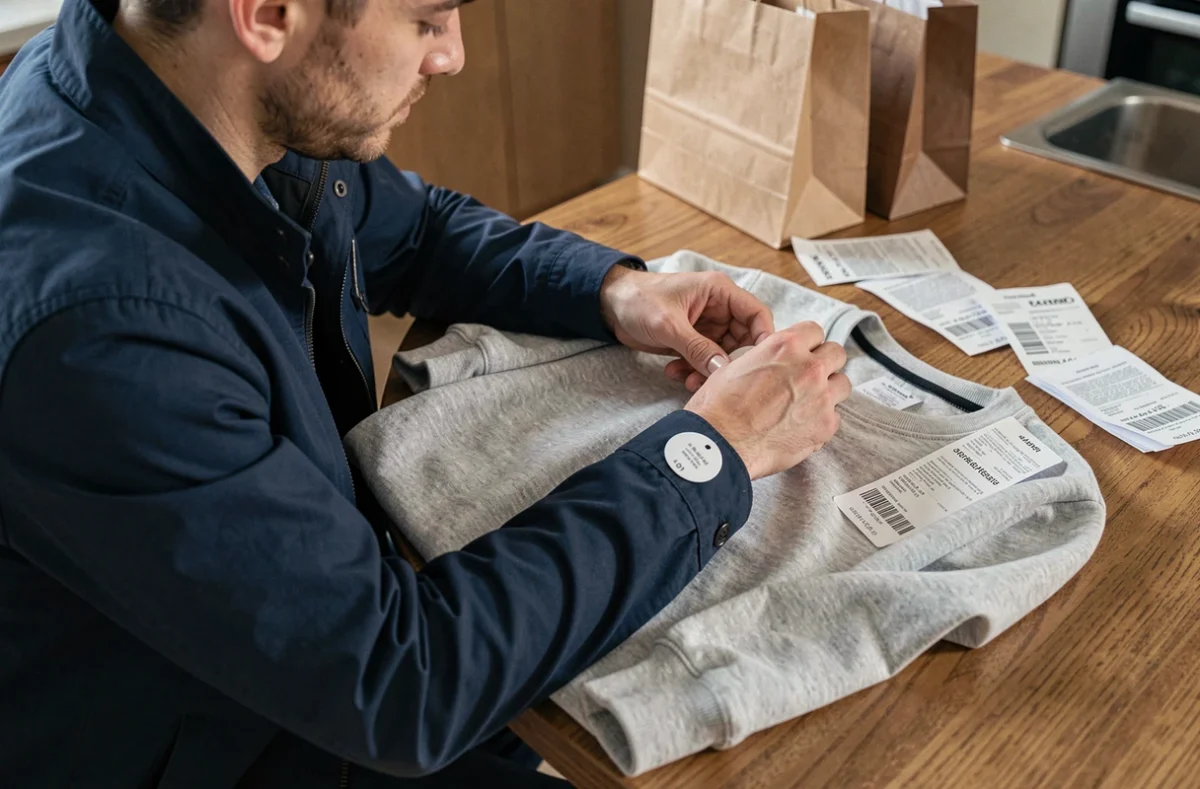Homme examinant un antivol magnétique oublié sur un sweatshirt posé sur une table de cuisine après des achats en soldes