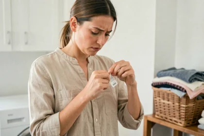 Femme découvrant un antivol oublié sur un vêtement après les soldes dans sa buanderie à domicile