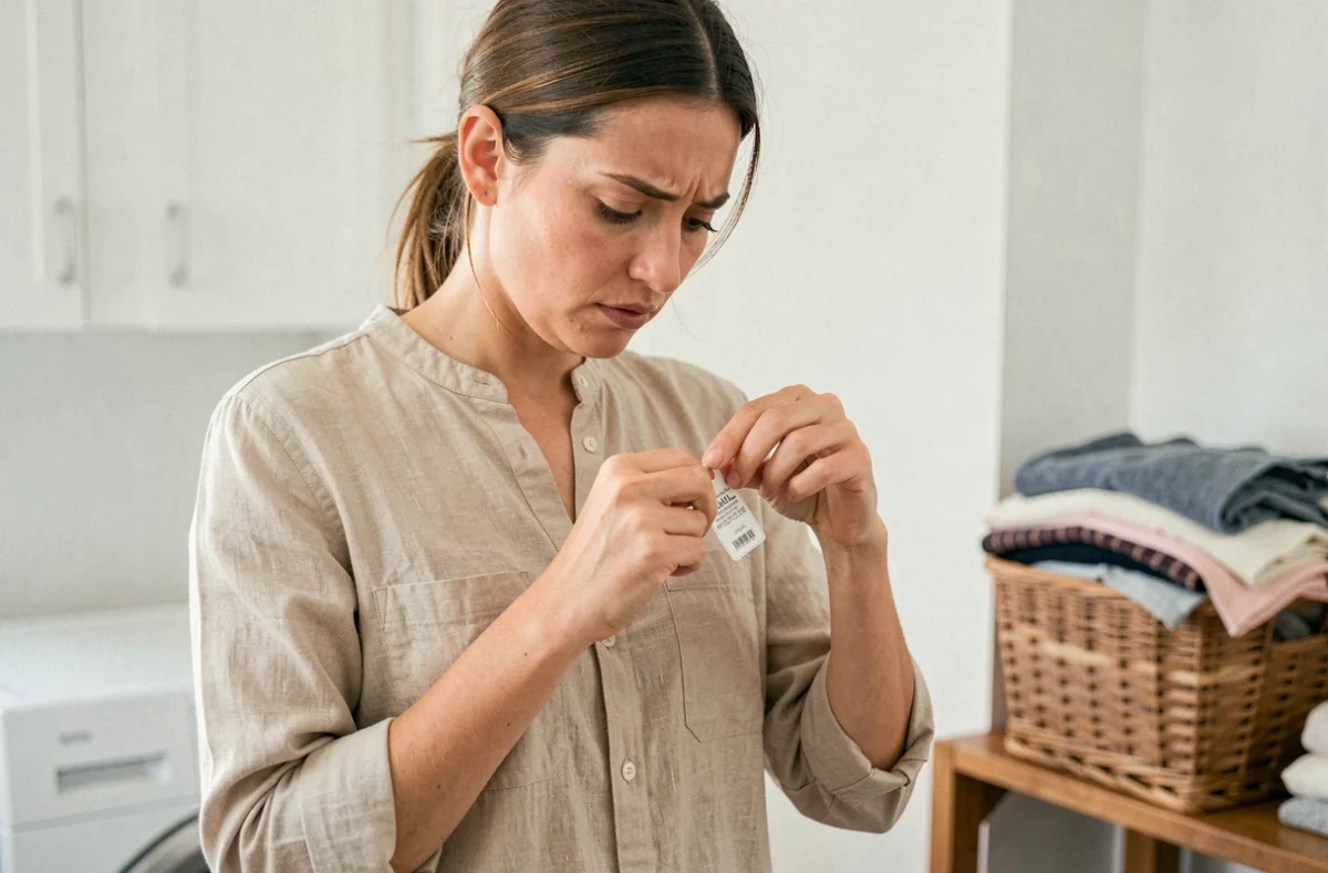 Femme découvrant un antivol oublié sur un vêtement après les soldes dans sa buanderie à domicile