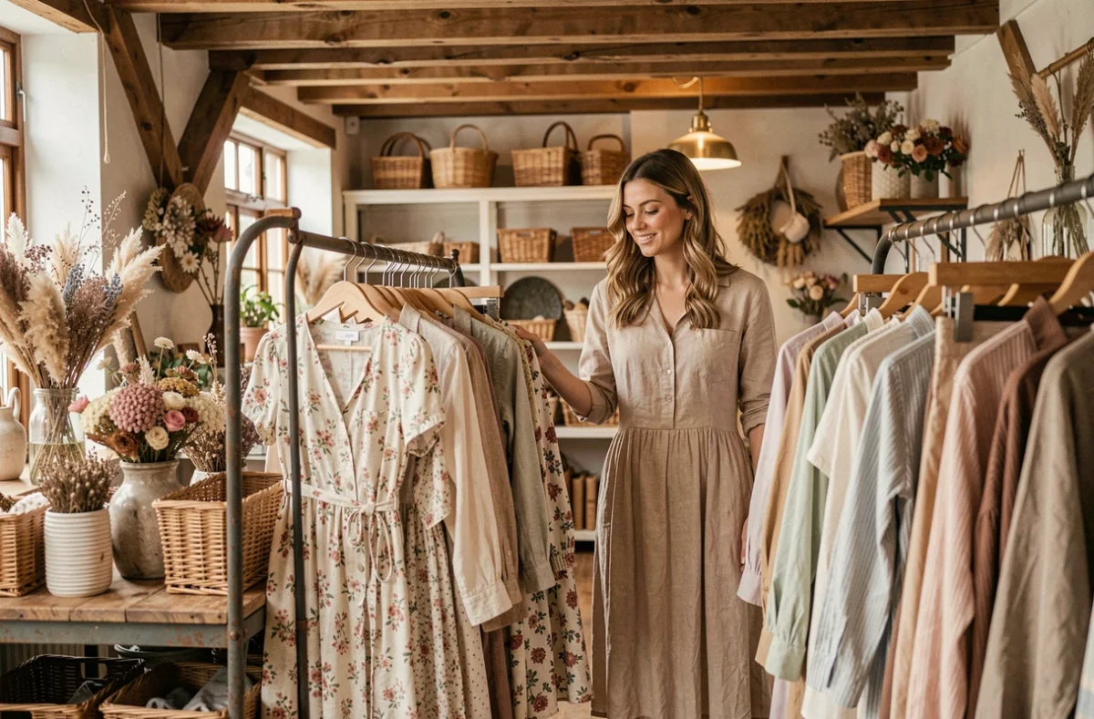 Intérieur de la boutique Cottage avec des vêtements féminins champêtres et une cliente qui browse les collections