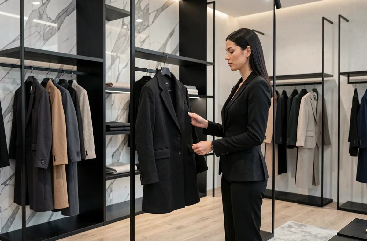 Femme élégante dans la boutique Era Nova choisissant un manteau structuré dans un cadre contemporain et raffiné