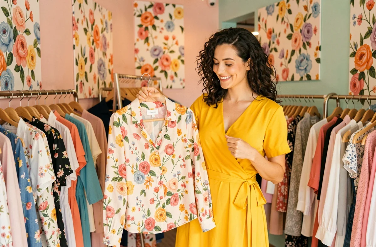 Femme souriante découvrant une blouse fleurie dans la boutique Julie Boutique aux tons pastels