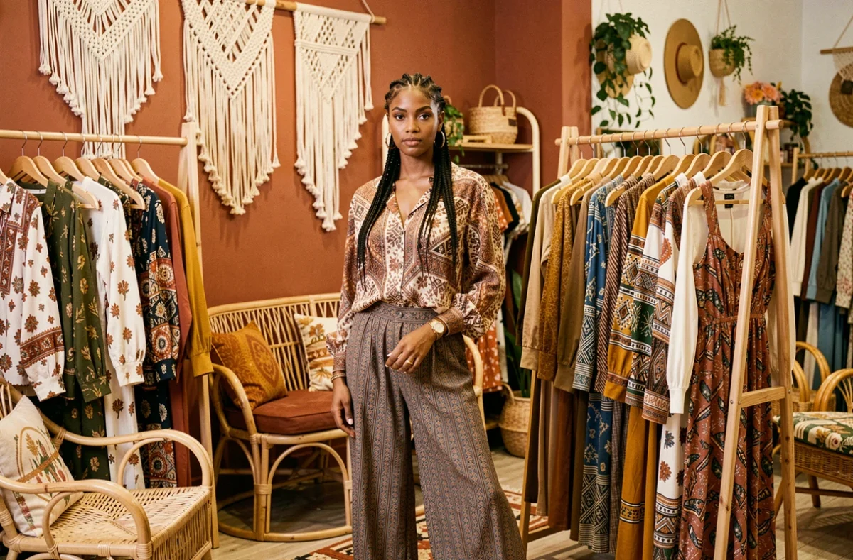 Cliente bohème dans la boutique Kokine entourée de vêtements aux imprimés ethniques et aux matières naturelles