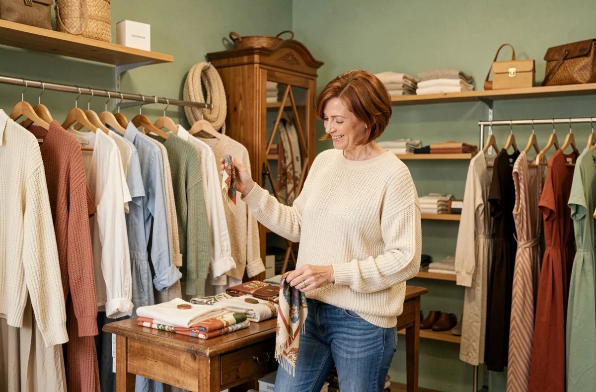 Cliente détendue dans la boutique Lou parcourant des écharpes et accessoires dans un espace chaleureux aux teintes douces