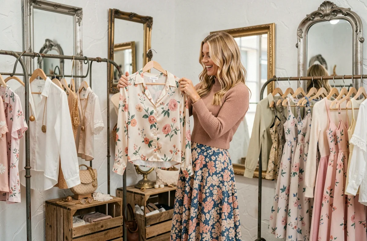 Femme ravie découvrant une blouse en soie dans la boutique Petites Pépites au charme artisanal et féminin