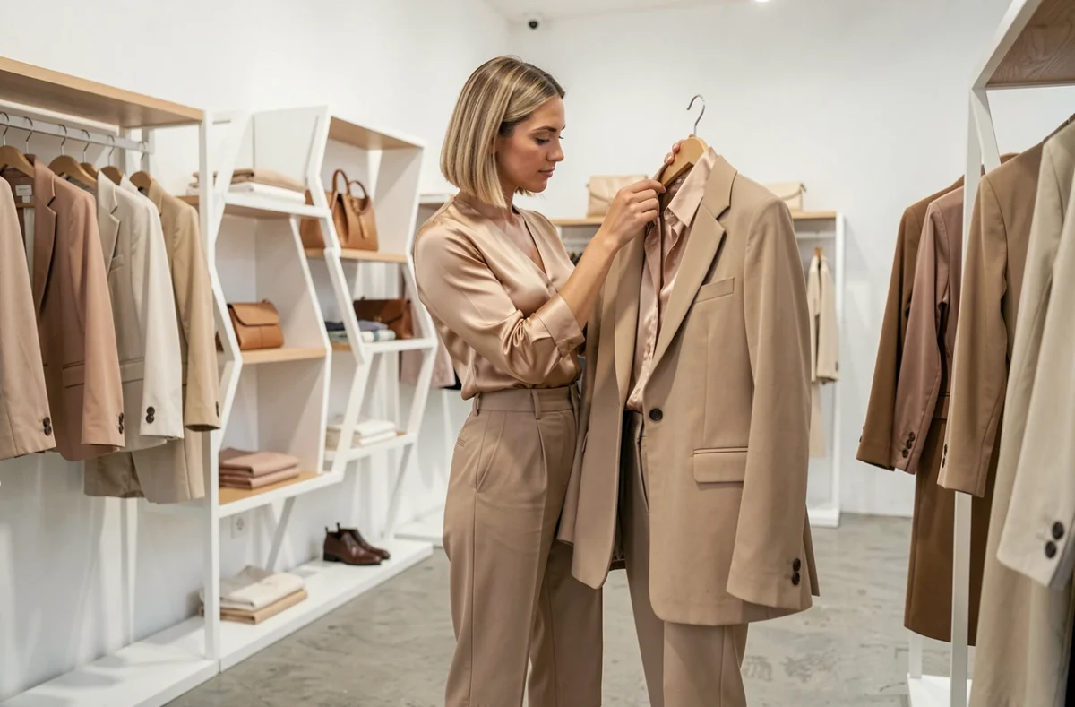 Cliente explorant une veste dans la boutique Sandy B au style épuré et contemporain